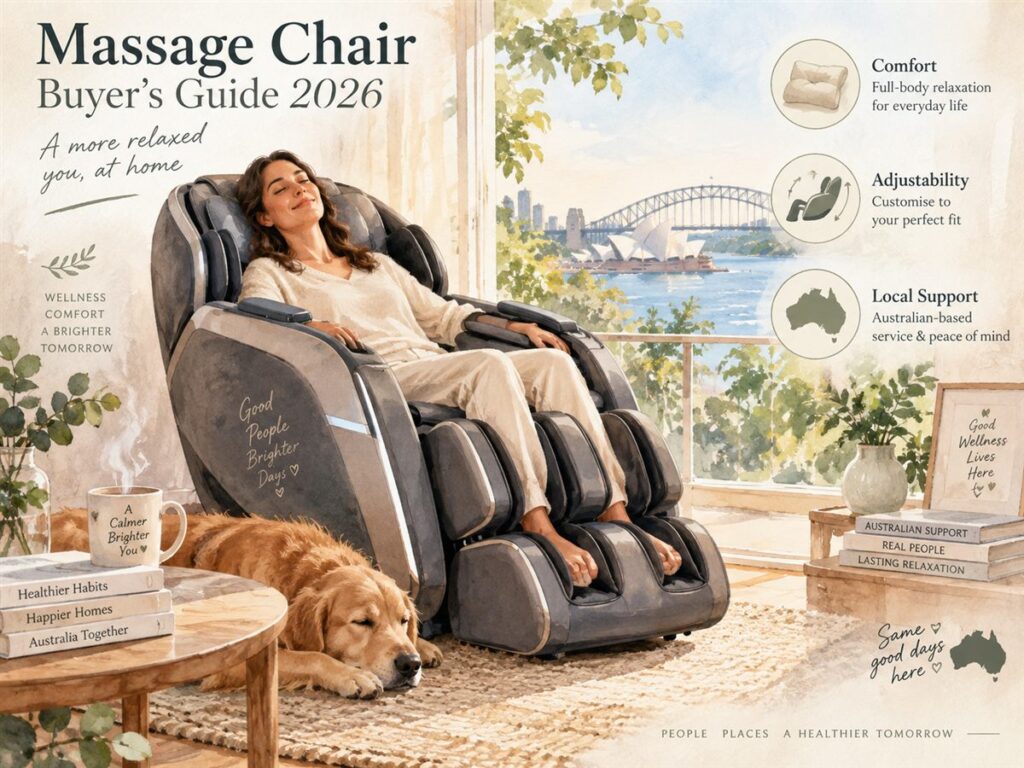 Illustration of a woman relaxing in a luxury Good Massage chair in an Australian sunlit room with Sydney Harbour view, showcasing Comfort, Adjustability and Local Support
