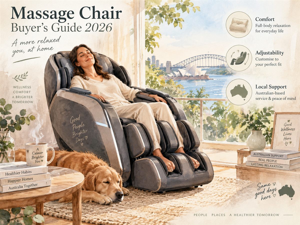 Illustration of a woman relaxing in a luxury Good Massage chair in an Australian sunlit room with Sydney Harbour view, showcasing Comfort, Adjustability and Local Support